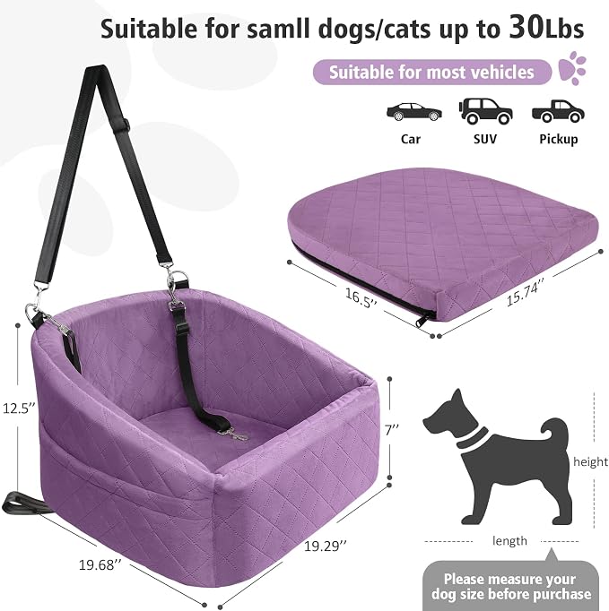 NEEZUKAR Dog Car Seat for Small Medium Dogs,Detachable Washable Dog Booster Seat Under 30lbs, Pet Car Seats Travel Bed with Storage Pockets and Safety Belt (Purple) - Image 2