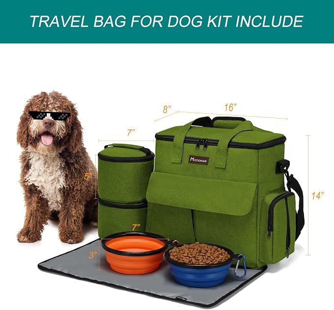 Modoker Weekend Dog Travel Bag Set with 2 Food Bags, 2 Bowls and Mat,Green | Dog Travel Accessories Organizer for Camping and Road Trips with Roomy Storage, Multiple Pockets and Water-Resistant Oxford - Image 3