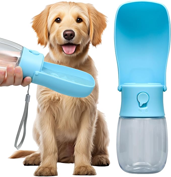Portable Dog Water Bottle 10oz Blue | Foldable pet water dispenser, food grade plastic, ease to use for outdoor walking, hiking, travel by VEPOUYUDIRECT