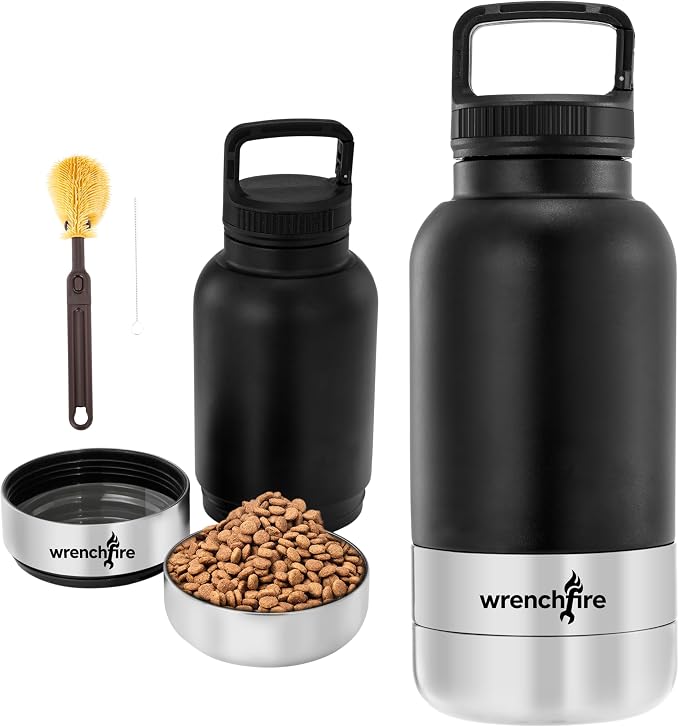 32 oz Instulated Stainless Steel Dog Water Bottle with 2 Detachable Bowls,Portable Cat Travel Dispenser with Brush for Walking Hiking Camping,Black by Wrenchfire