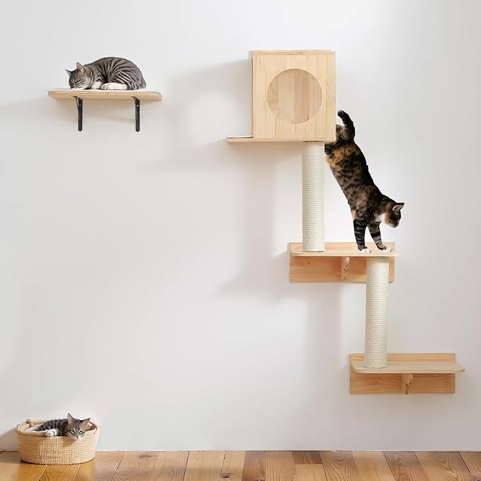 Wall Mounted Cat Tree, Cat Wall Climber, Kitty Climbing Shelves 51 x 35 in | Houseables Kitty Furniture Shelves, Floating House, Stairs, Mount, Climber, Condo, Playground, Obstacle Course, Indoor Gym by Houseables