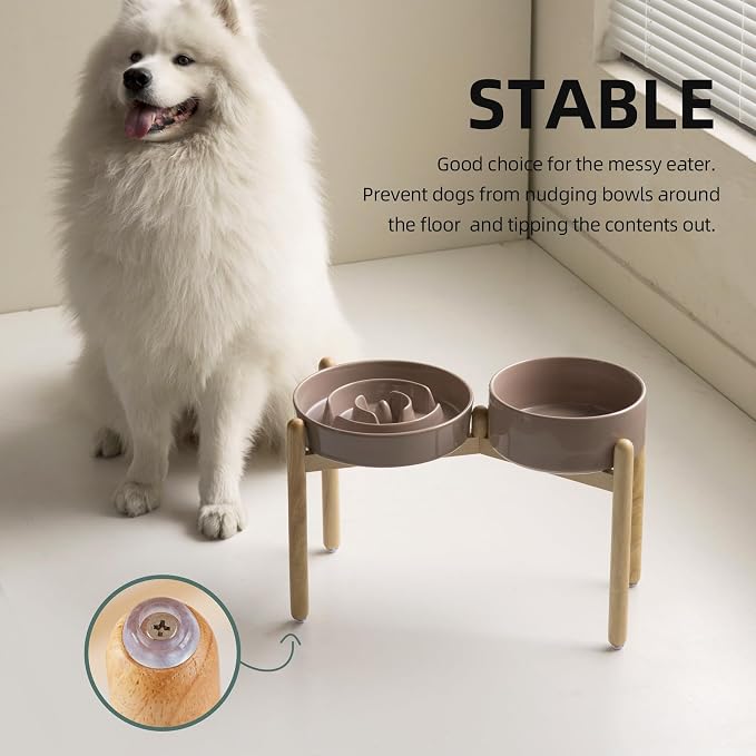 Havniva Elevated Slow Feeder Dog Bowls, Ceramic Dog Bowl Slow Feeder Set | 3.2 Cups Raised Slow Feeder Dog Bowl for Large Breed, 8.2” Dog Water Bowl with Wooden Stand, Puzzle Dog Food Bowl, Non-slip - Image 7
