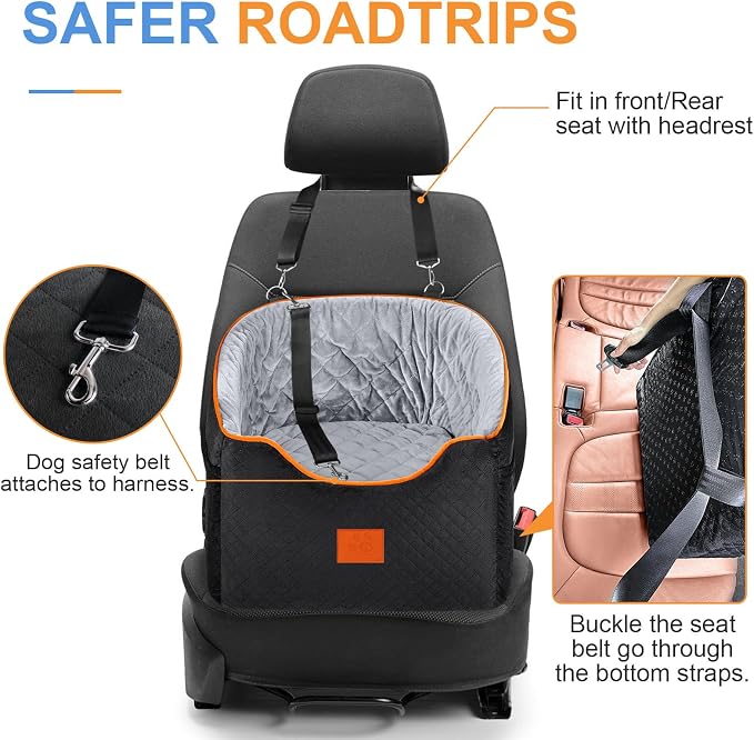 XIEEAOZEE Dog Car Seat for Small Dogs, Memory Foam Booster Dog Seat for Dogs up to 35 lbs, Elevated Pet Car Seat with Washable Removable Cover, Storage Pockets(Black/Gray) - Image 4
