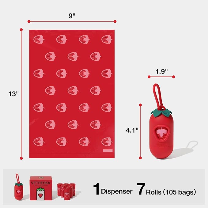VETRESKA Dog Poop Bag Dispenser with Strawberry Scented Bags, 105 Counts | Leak Proof and Extra Thick Pet Waste Bags, 1 Poop Bag Holder and 7 Rolls for Dog Walking and Cats Litter - Image 6