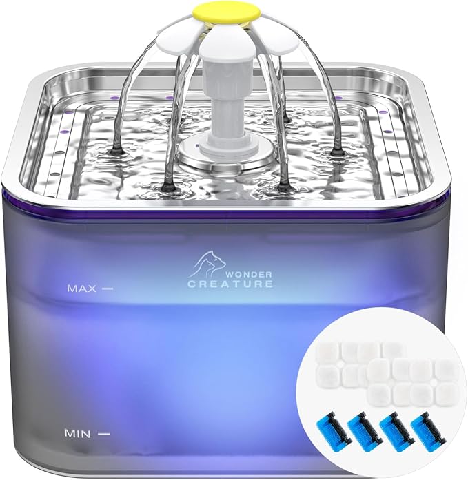 Wonder Creature Crystal Cat Water Fountain Stainless Steel Lid, 101oz/3L | Quiet Pet Fountain with Transparent Base, LED Light, Triple Filtration, 3 Flow Modes for Cats and Dogs, 4 Filters & 4 Sponges by WonderCreature