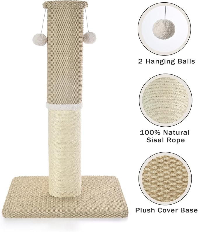 Made4Pets Tall Cat Scratching Post with Sisal & Carpet for Indoor Cats, 33" | Cat Scratcher with Wide Stable Base, Interactive Hanging Toys, Ideal for Adult Cats, Large Breeds and Full-Body Stretching - Image 2
