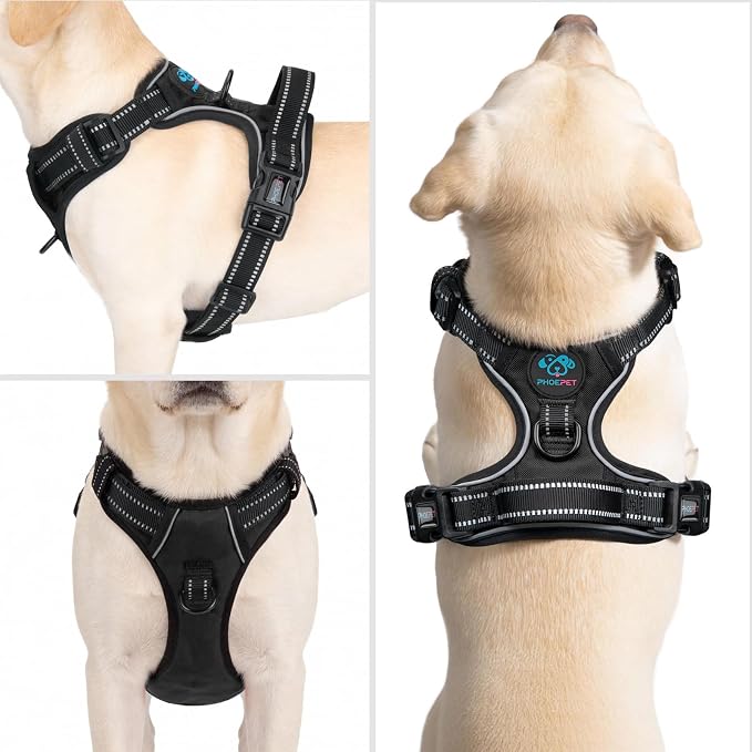Reflective Dog Harness No Pull Large Breed Vest | with 2 Metal Leash Attachment Hooks(XL, Black) - Image 2