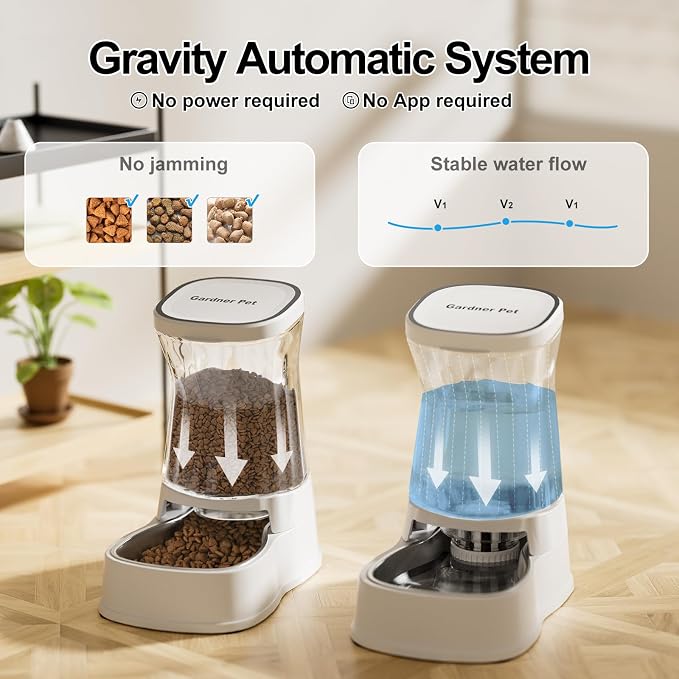 Automatic Pets Gravity Feeder and Water Dispenser Set, 1Gallon x 2 Stainless Steel Food Feeder and Waterer, 100% BPA-Free Water Bowl Dispenser for Small&Medium Dogs, Cats, Puppies(White) - Image 3
