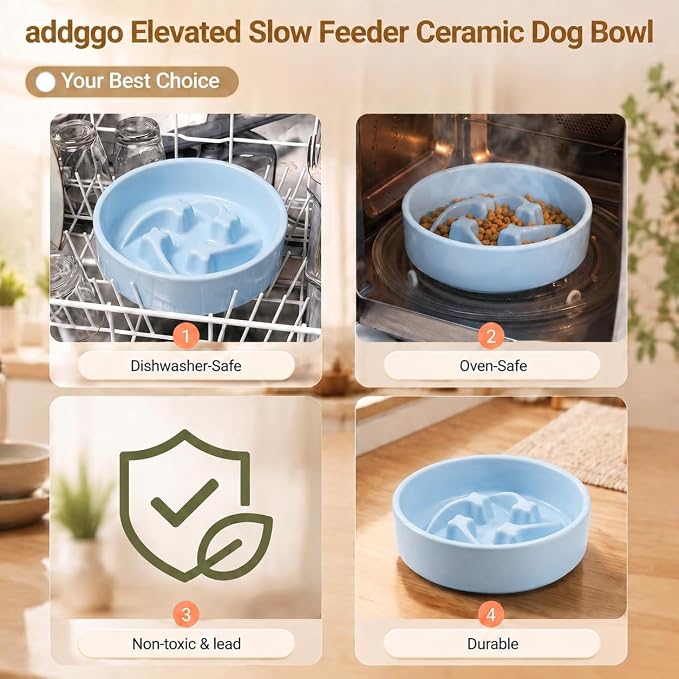 Elevated Ceramic Slow Feeder Dog Bowls Anti-Choking Slow Feeding for Small&Medium Size Anti-Slip Non-Lead & Toxic Durable Easy to Clean Maze Slow Feeder Bowl（8.26in Mint Blue Stars Pattern） - Image 5