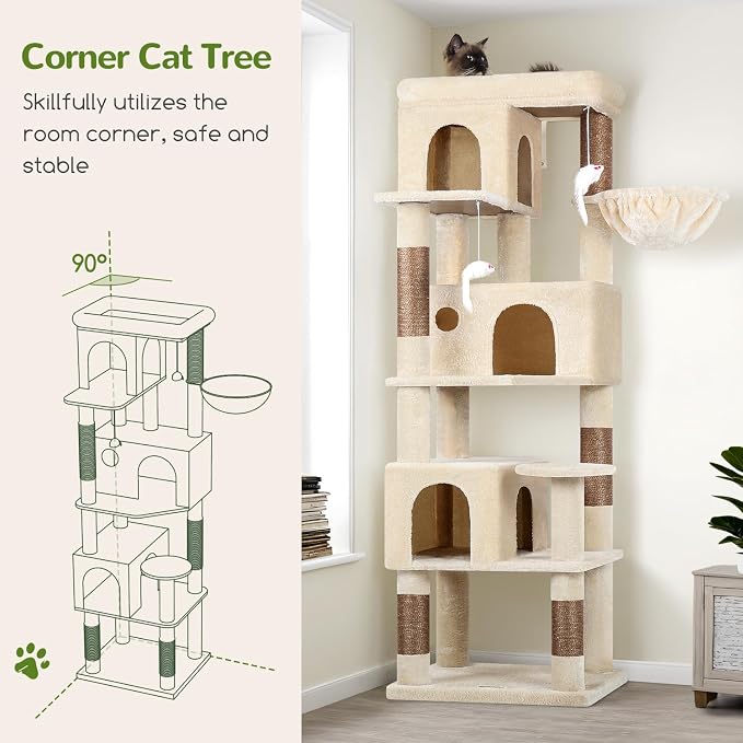 Globlazer F66 Corner Cat Tree, 66in Multi-Level Climbing Tower, Beige | Kitty Condos Cat Scratching Tower for Indoor Multiple Cats with Large Platform, 3 Cat Caves, Hanging Basket - Image 3