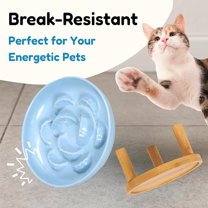 Slow Feeder Bowl, 6.3″ Elevated Cat Bowl with Stand, Melamine Wide Shallow Food Bowl, Whisker-Friendly Raised Plate, Wet Food Feeder for Slow Eating (Blue) - Image 6