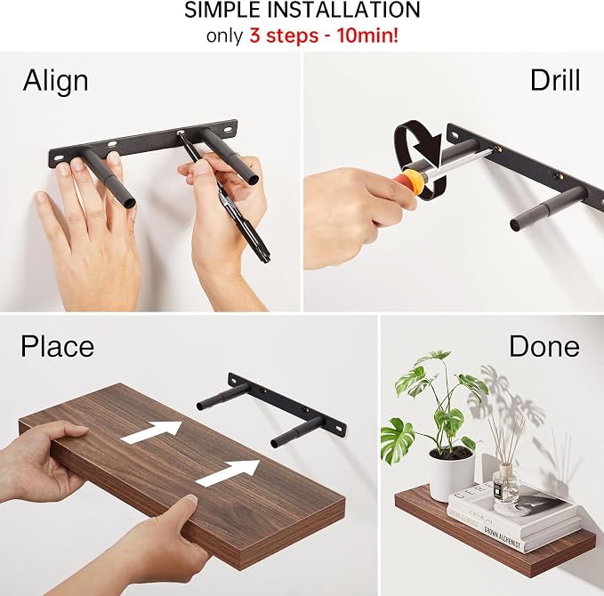 BAYKA Walnut-Like Floating Shelves 15.7in, 3 Pack, Wall Mounted Wall Decor | Easy Install, 22lbs Max Load, Hidden Bracket, Shelving for Bathroom Bedroom Kitchen Display Storage, Multi-Wall Compatible - Image 8