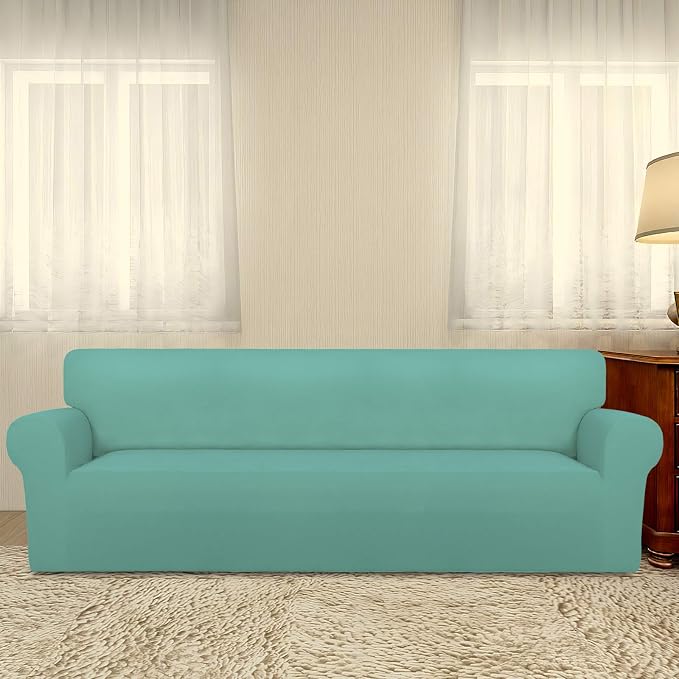 PureFit Stretch Couch Covers for Sofa 4 Seater Slipcovers Cyan | 1-Piece Sofa Cover Washable Soft Couch protector, Couch Slipcover with Non Skid Foam and Elastic Bottom for Kids, Dogs - Image 2
