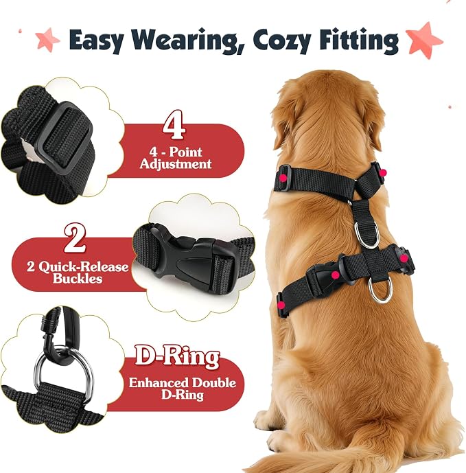 Pawaboo Dog Seat Belt Harness for Car, Seatbelt Harness with 2 in 1 Buckle | Adjustable Breathable Harness for Car, Elastic Reflective Heavy Duty Dog Tether, for Small Medium Large Pets, S, Red - Image 5