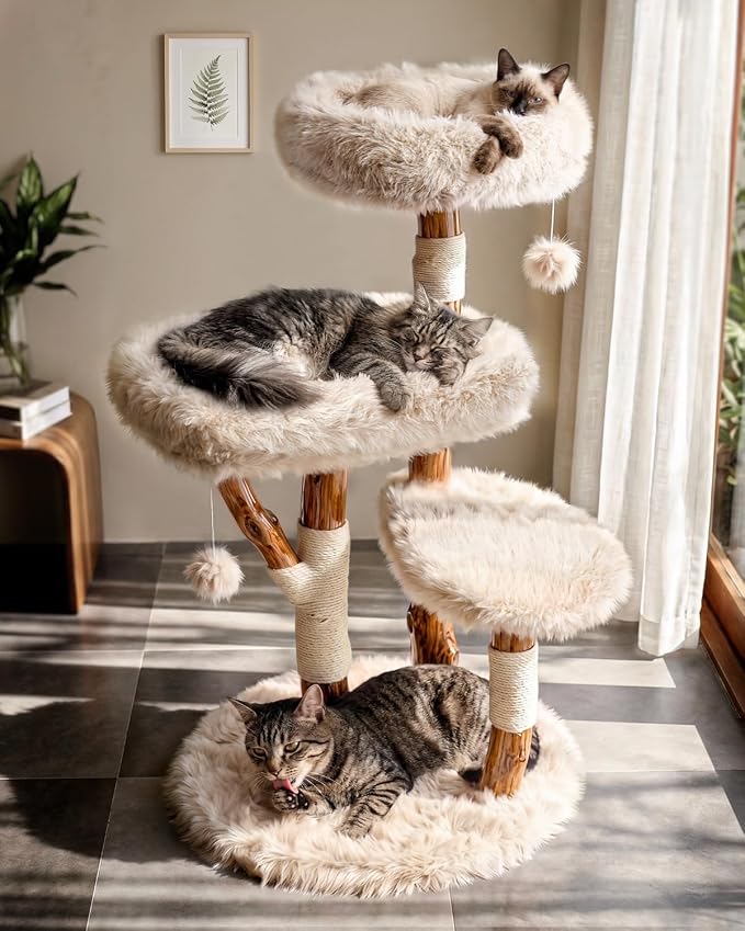 Real Branch Cat Tree, Natural Wood Cat Tower for Indoor Cats | Real Tree Branches no Processed Wood, 44 lbs Capacity, Premium Faux Fur Perches, 23.6" Anti-Tip Base, 30-Min Assembly by Purrlato