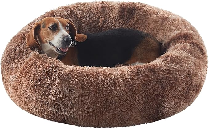 33 in Faux Fur Donut Dog Bed for Medium Plus Dogs,Tie-dye Brown | Calming Plush Round Fluffy Pet Bed with Removable & Washable Cover,Fits up to 65 lbs Pets by BedStillLoveStill