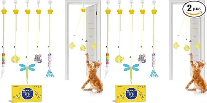 Potaroma Interactive Cat Feather Toys 5 Pcs, Cat Teaser Retractable Hanging Indoor Kitten Play Chase Exercise, Mental Physical Stimulation for All Breeds and Species (Pack of 2) by Potaroma