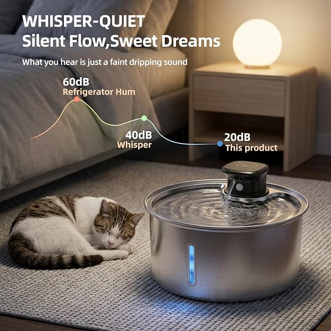 Jzlapro Wireless Cat Water Fountain,108oz Stainless Steel,Battery Operated | 3 Pack Filters | Cordless & Rechargeable | Motion Sensor | BPA-Free | DishwasherSafe | 20dB Ultra-Quiet | 3.2L capacity - Image 4