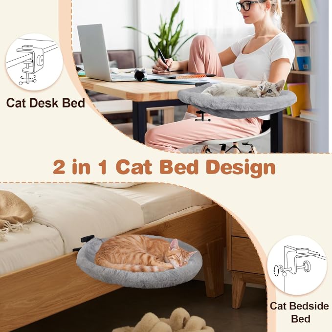 2-in-1 Cat Desk Bed (Vertical & Horizontal Clamp), Space-Saving Cats Bed for Desk Includes 2 Covers (Winter Plush + Summer Mesh), Sturdy Cat Desk Hammock for Indoor Cats, Holds up to 40 lb - Image 2