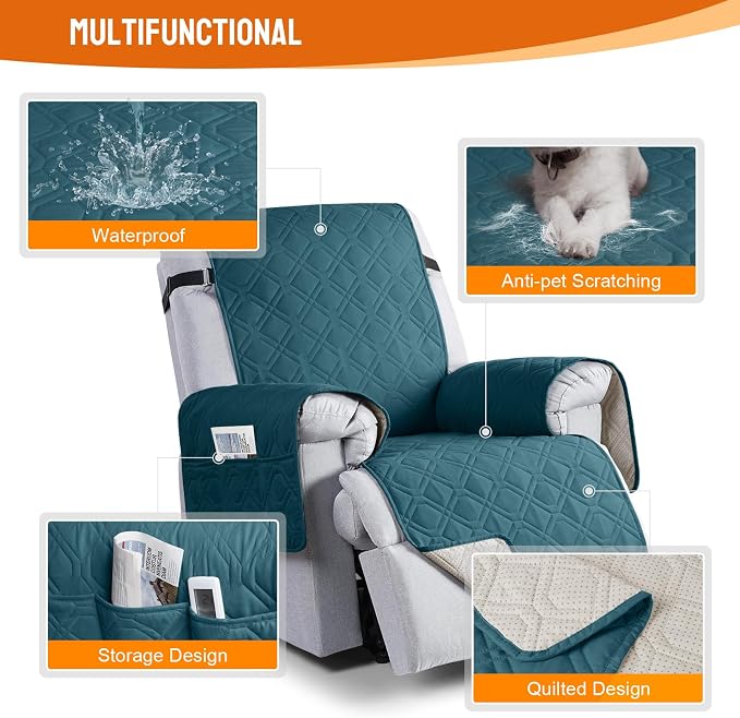 VANSOFY 100% Waterproof Recliner Chair Covers Washable, Peacock Blue, 28" | Non-Slip, Slipcover with Pocket, Furniture Protector, Elastic Straps, Chair Cover for Pets, Dogs - Image 4
