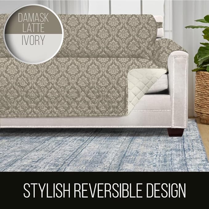 Sofa Shield® Couch Sofa Slip Cover for Dogs with Strap, Damask Latte Ivory | Reversible Furniture Protector, Stain and Tear Resistant Cushion Cover, Machine Washable Slipcover for Pets, Cats 70 inch - Image 5