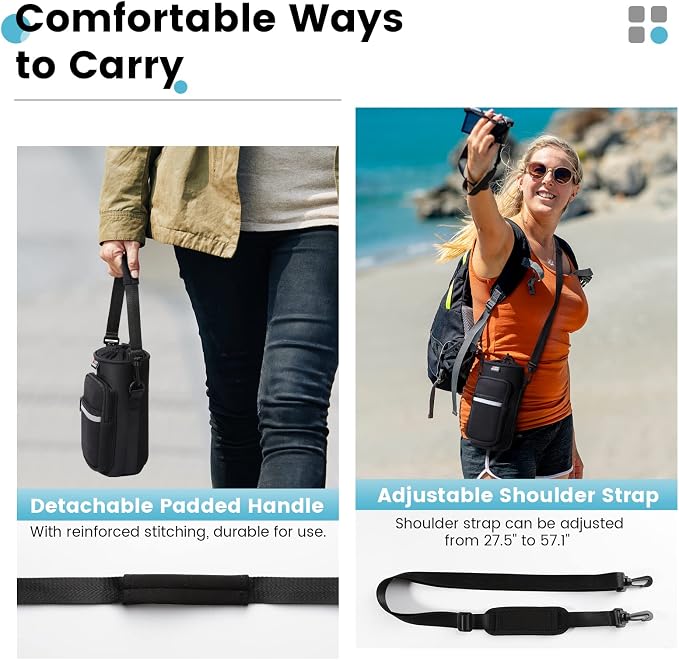 Nuovoware Water Bottle Carrier Bag, 40oz Bottle Pouch Holder, Adjustable Shoulder Hand Strap 2 Pocket Sling Neoprene Sleeve Sports Accessories for Hiking Travelling Camping, BlackCarbon - Image 5