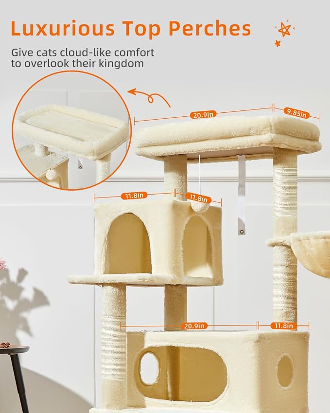 Taoqimiao Cat Tree, 49In Cat Tower for Indoor Cats Large Adult | 2 Luxurious Cat Condos, Thick Padded Top Perch, Adjustable Hanging Baskets, 5 Scratching Sisal Posts, Beige MS029LM - Image 7