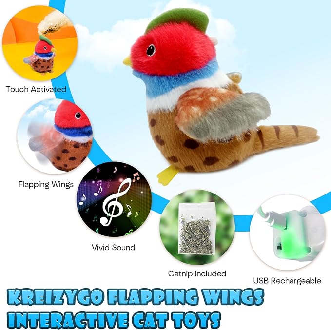 Cat Toys, Flapping Wings Pheasant, No Flying, Chirping Bird Interactive Catnip Toy for Kitten or Small Dogs, Touch Activated, Rechargeable, 3 Modes - Image 2
