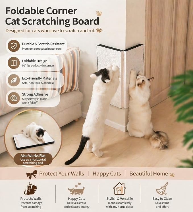 Cat Scratcher Pads, Foldable Cardboard for Corner Walls for Indoor Cats | Scratching Post 17″Lx13″Wx0.78″H (White, Medium Size) - Image 7