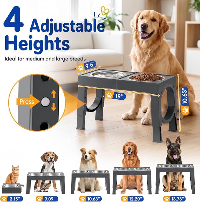 XIAZ Elevated Dog Bowls Large Breed Raised Dogs Bowl Stand Large/Medium Sized Dog Stainless Steel Food Water Bowl Stands 5 Heights Adjustable 9/11/12/14in Pet Feeder Dish Station - Image 2