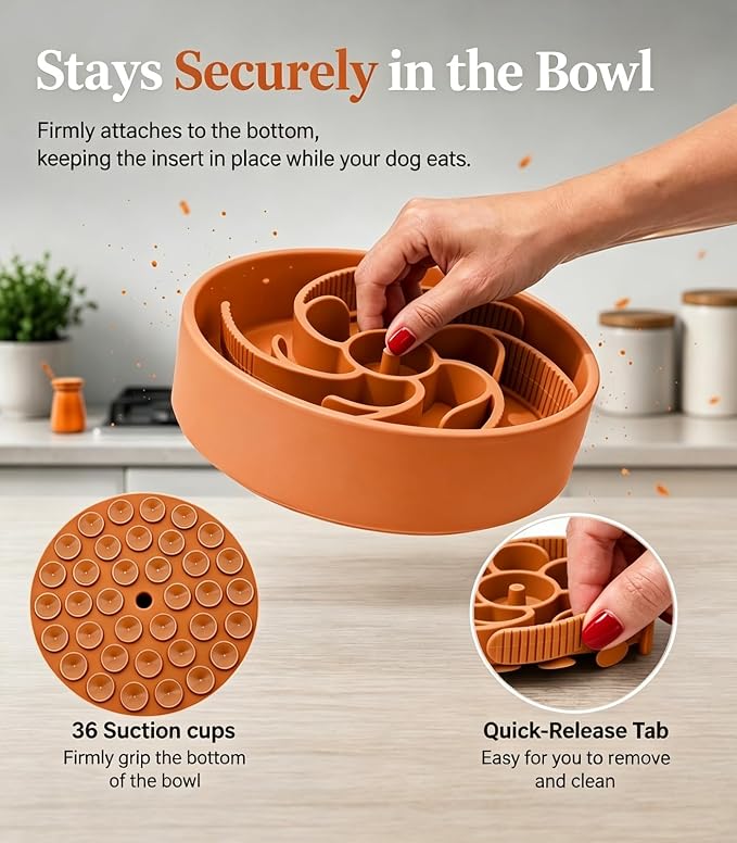 Slow Feeder Dog Bowls Insert Cuttable to fit 4.4"-7.5" Bowl Orange | Strong suction cups fit snugly,reduce fast eating,Food-grade silicone, dishwasher safe, for dogs and cats,daily mealtimes - Image 4