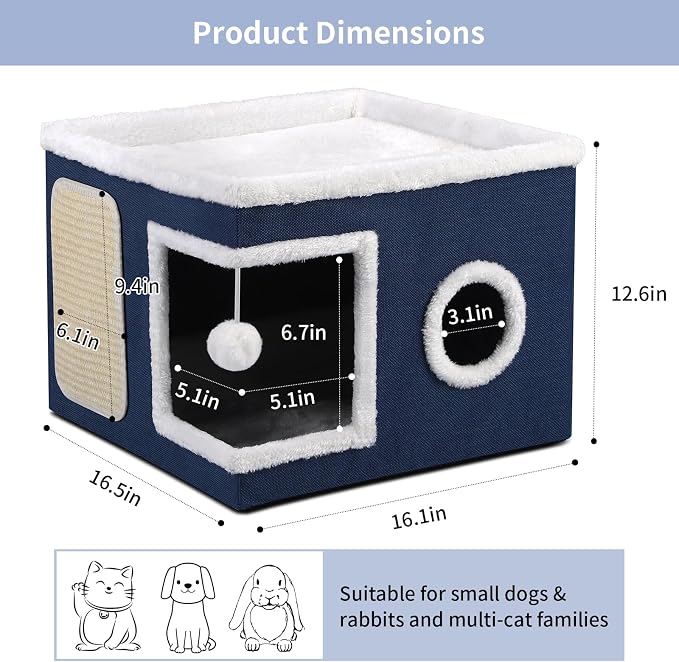 Shikha Cat House Bed for Indoor Cats with Fluffy Ball and Scratch Pad Blue | Foldable Large Cat Cave Hideaway with Cozy Condo, Hide and Seek Window, Holds Up to 30LBS, All Season Reversible Cushion - Image 2