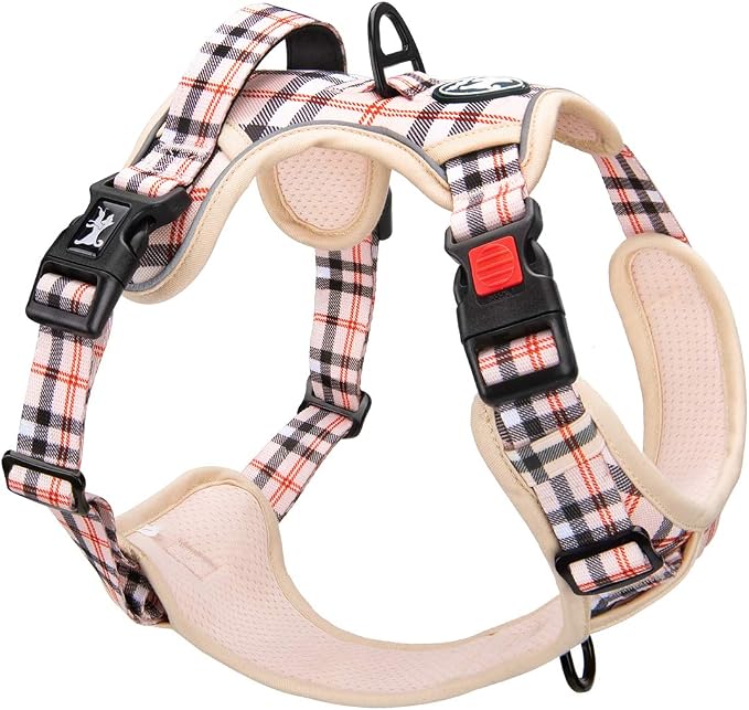 PoyPet Plaid Dog Harness Small, No Pull Vest with Front Clip & Neck Buckle | Padded Handle, Reflective, No Choke, Lockable, 2 Leash Rings, Full Adjustable, for Training Walking, XS, Checkered Beige - Image 5