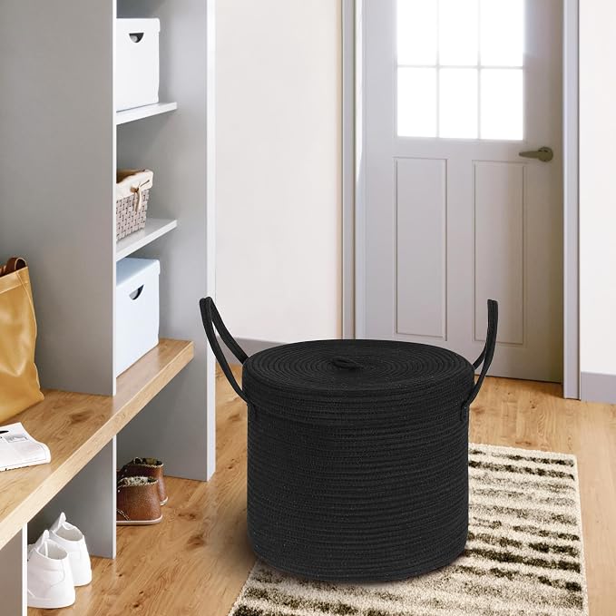 15" X 13" Large Black Basket with Lid, Cotton Rope Storage Basket for Blanket, Toy, Pillow, Towel, Laundry, Wicker Living Room Bedroom Storage Bin, Black Woven Organizing Basket with Cover - Image 7