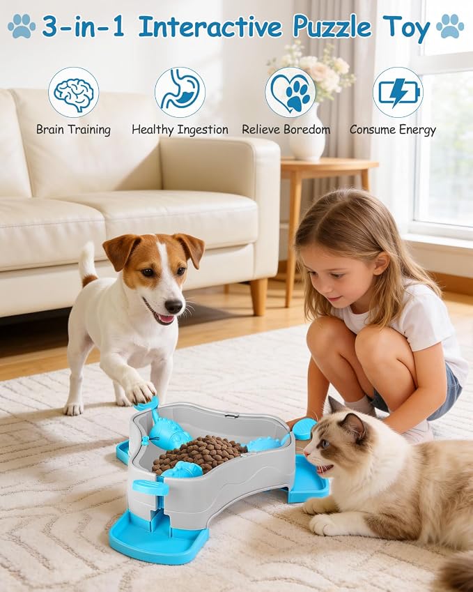 Dog Puzzle Toy, 3-in-1 Interactive Dog Puzzle Toys Press-Type Dog Treat Dispenser Toy Dog Enrichment Toy No-Slip Dog Slow Feeder Interactive Brain Training Toy for Smart Dog Cat, Blue - Image 3