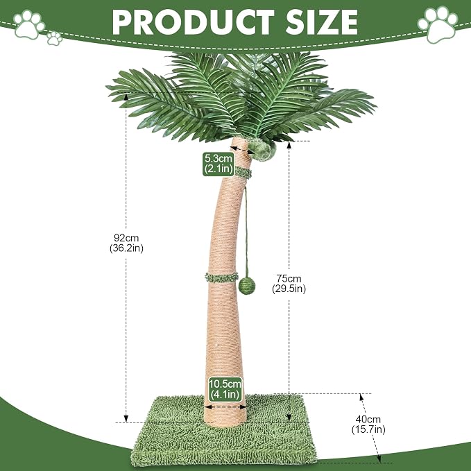 Palm Tree Cat Scratching Post, 36'' Cat Scratcher Post with Natural Sisal Rope, 3 Interactive Balls and Curved Design Scratching Posts for Indoor Cats Adults and Kittens, Multi-Combinable (Style B) - Image 3