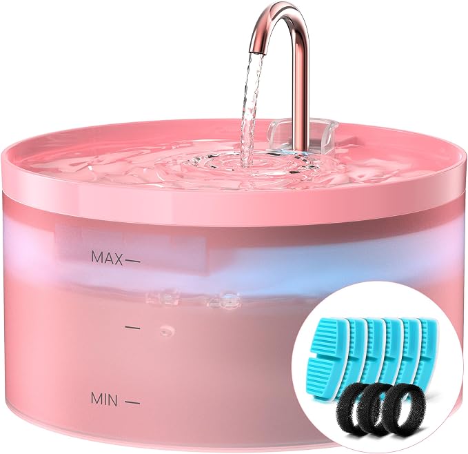 Pink Cat Water Fountain: with 6 Carbon Filters + 3 Sponge Filters | 108oz/3.2L Pet Water Fountain Indoor Faucet Cat Fountain for Cats and Dogs by BEMOONY