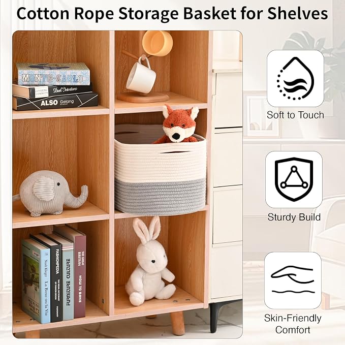 ICERZCZ Woven Cotton Rope Storage Basket for Organizing, Cute Decorative Baskets for Gifts Empty, Organizer Bins for Dog Toy, Baby Laundry, 15“×11”×9.5“, Off White & Grey - Image 5