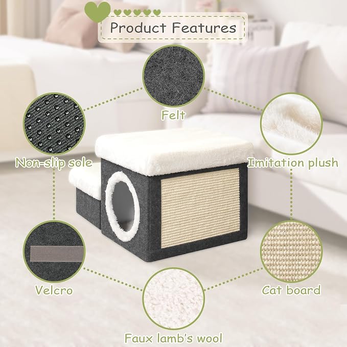B FSOBEIIALEO Cat House Pet Stairs for Beds Sofa, Foldable Dog Steps 2-Tier With Storage Toy Box, Small Indoor Pet Steps Grey 15.7x12.6x12.6 Inches - Image 2