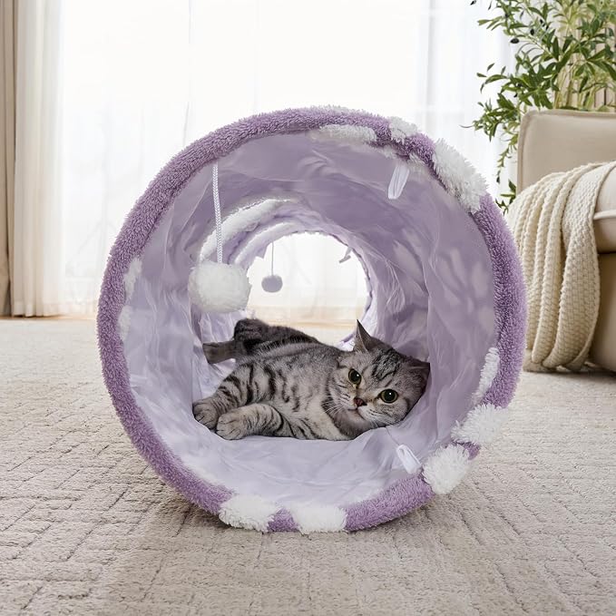 Straight Cat Tunnel for Indoor Cats 47"x12", Purple Flower | Cute Cat Toys, Collapsible Tunnel Tube with Hanging Balls for Puppy Kitten Rabbit - Image 7