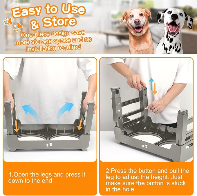 Elevated Bowls, 4 Height Adjustable Raised Stand With 2 Thick 50oz Stainless Steel Food Bowls, Non-Slip Feeder for Dogs, Adjusts to 3.7", 9.2", 10.75", 12.36" Light Brownish Gray - Image 6