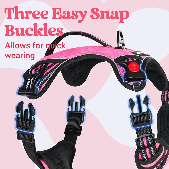 rabbitgoo Large Dog Harness, Easy Wear with 3 Buckles and Lift Handle | No Pull with Front Clip for Walking, Adjustable Soft Padded, Reflective, Easy Control, Pink, Medium - Image 4