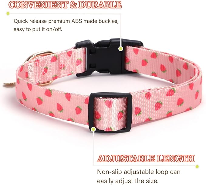 Pink Strawberry with Pendant Cute Dog Collar for Small Medium Large Dogs, M | Ligth Adjustable Nylon Puppy Collar for Boy and Girl Female, Distinctive Patterns, Comfortable for Walks and Outdoor Hikes - Image 2