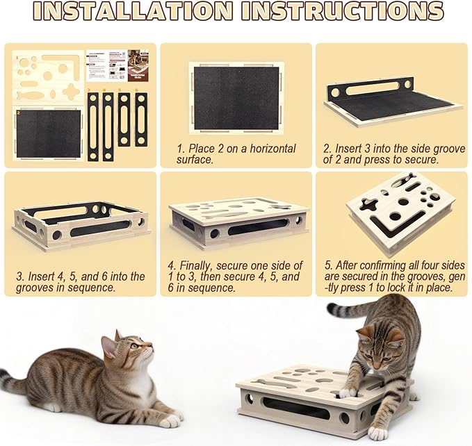 Cat Scratch Puzzle Enrichment Box, Large Solid Wood with Sandpaper Inside | Cat Nail File Enrichment Box with Sandpaper Inside, Cat Nail File Box Stress Free Alternative to Clippers and Grinders - Image 5