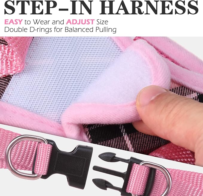 Classic Plaid Puppy Harness - Small Dog Harness and Leash Set - Dog Collar and Leash Set with AirTag Holder, Soft Padded Step in Dog Vest Harness No Pull Reflective for Outdoor, Pink XXS - Image 3