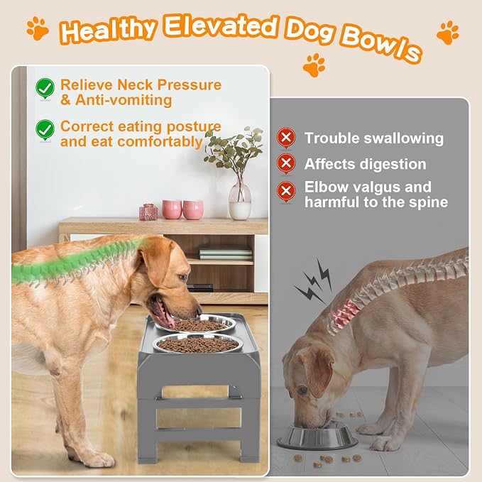 Elevated Bowls, 4 Height Adjustable Raised Stand with 2 Thick 50oz Stainless Steel Food Bowls, Non-Slip Feeder for Large Medium Dogs, Adjusts to 3.7", 9.2", 10.75", 12.36" Grey (Pack of 2) - Image 3