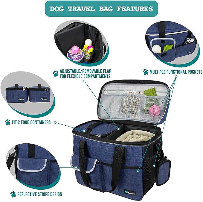 PetAmi Dog Travel Bag Organizer, Pet Supplies Diaper Tote, Navy Blue Medium | Pet Travel Kit with 2 Food Containers & 2 Collapsible Dog Bowls, Luggage Sleeve, Weekend Getaway Road Trip Camping Essentials - Image 4