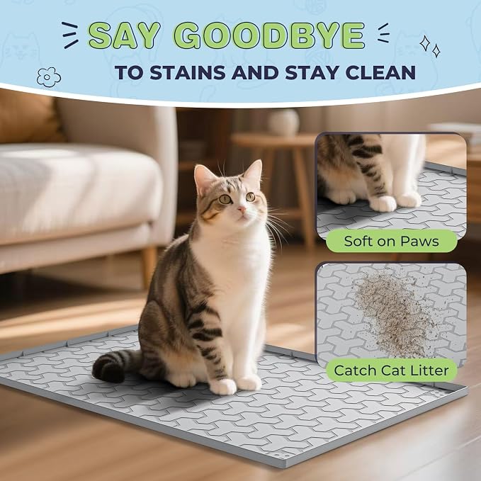 Silicone Cat Litter Mat for Litter Box - 34" X 22"/24" X 15" Waterproof Urine - Proof Mat, Non - Slip Trapping Pad to Keep Floor Clean, Easy to Clean Cat Floor Mat（Gray) - Image 2