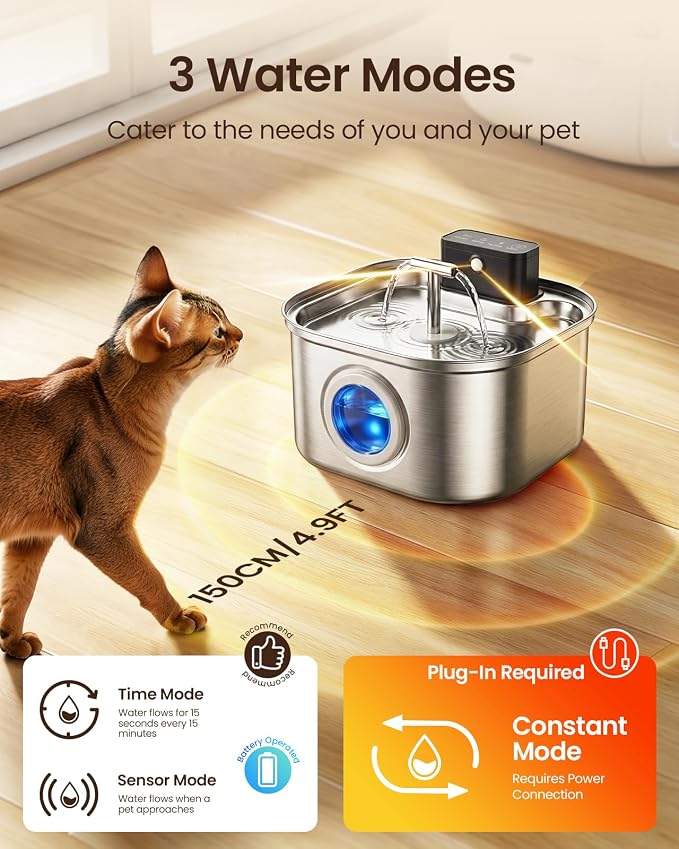 Cordless Cat Water Fountain Stainless Steel,3.2L/108oz Rechargeable | Wireless Battery Operation, Motion Sensor, Automatic Water Flow, Quiet Pump, Includes 4 Replacement Filters - Image 4