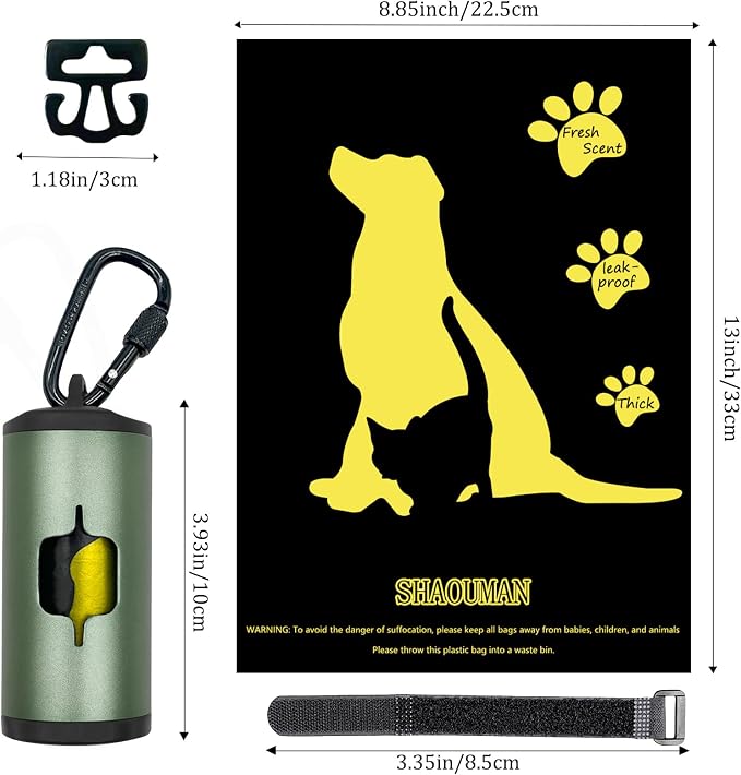 Metal Dog Poop Bag Holder w/Leash Clip|Durable Scratch-Resistant Aluminum|15 Bags+3 Accessories(Drak Green) - Image 4